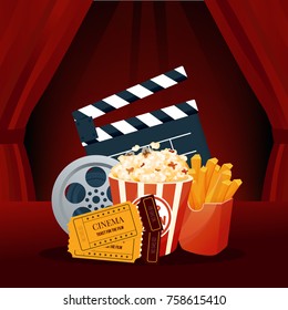 Cinema, movie time, concept. Cinema movie theater object on curtain background. Show with seats, popcorn, filmstrip, tickets. Vintage retro colors vector illustration isolated.