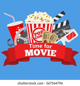 Cinema and Movie time flat icons with film reel, popcorn, paper cup, 3d glasses, clapperboard and ribbon. Isolated vector illustration