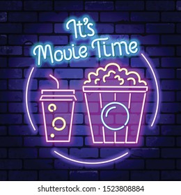 Cinema And Movie Time Neon Logo. Bright Night Signboard With Movie Snack Popcorn And Soda. Vector Illustration With Neon Icons