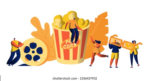 Kinofilmzeit mit Popcorn und Drink Weekend Leisure. Junge Leute mit 3D-Brille. Mann mit Filmstrip. Mädchen mit Filmticket. Flache Cartoon-Vektorgrafik