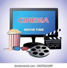 Cinema movie time poster. Cinema concept with popcorn, television screen, clapperboard and film strip. Vector illustration