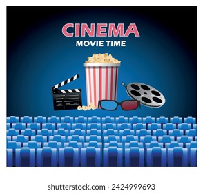 Cinema movie time poster.Cinema concept with popcorn, television screen, clapperboard and film strip. Cinema hall