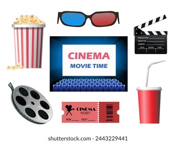 Cinema movie time. Set of film industry items on white background. Vector illustration