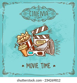 Cinema movie time sketch poster with popcorn glasses clapperboard and megaphone vector illustration