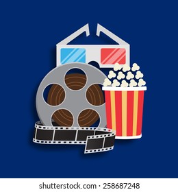 Cinema, Movie Trailer Advertisement With Reel, Popcorn, Glass And Ribbon. Vector Illustration