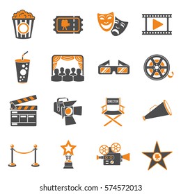 Cinema and Movie two color Icons Set with popcorn, award, clapperboard, tickets and 3D glasses. Isolated vector illustration