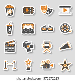 Cinema and Movie two color sticker Icons Set with popcorn, award, clapperboard, tickets and 3D glasses. vector illustration