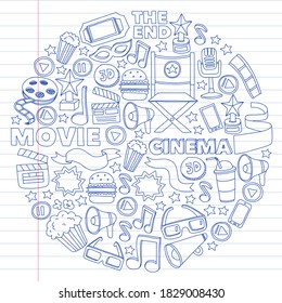 Cinema, movie. Vector film symbols and objects