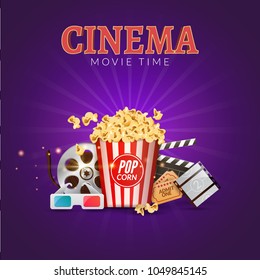 Cinema movie vector poster design template. Popcorn, filmstrip and clapboard, tickets. Movie time background banner.