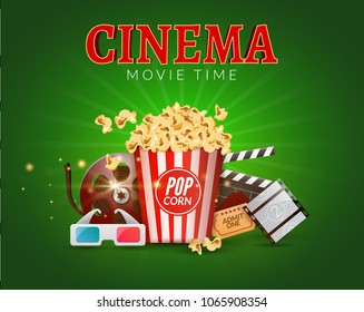 Cinema movie vector poster design template. Popcorn, filmstrip and clapboard, tickets. Movie time background banner.