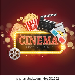 Cinema movie vector poster design template. Popcorn, filmstrip, clapboard, tickets. Movie time background banner shining sign.