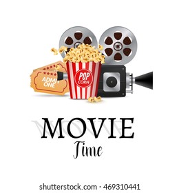 Cinema movie vector poster design template. Filmstrip, tickets. Movie time background banner shining sign.