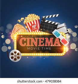 Cinema movie vector poster design template. Popcorn, filmstrip, clapboard, tickets. Movie time background banner shining sign.