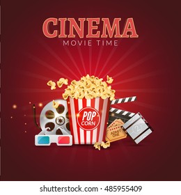 Cinema movie vector poster design template. Popcorn, filmstrip and clapboard, tickets. Movie time background banner.