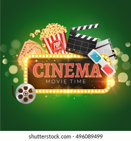 Cinema movie vector poster design template. Popcorn, filmstrip, clapboard, tickets. Movie time background banner shining sign.