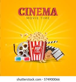 Cinema movie vector poster design template. Popcorn, filmstrip and clapboard, tickets. Movie time background banner