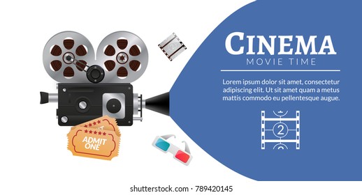 Cinema movie vector poster design template. Filmstrip, tickets. Movie time background banner shining sign.