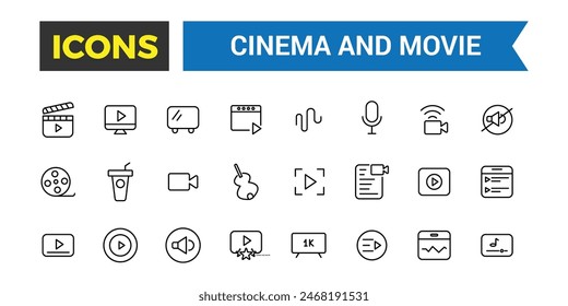 Cinema and movies icon set. Simple Set of Movies and Cinema Line Icons. Editable vector icon and illustration.