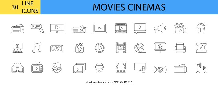 Cinema movies line icon set. Cinema, TV, Popcorn, Video Clip