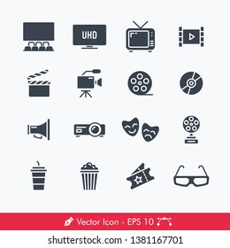 Cinema (Movies) Related Icons / Vectors Set | Contains Such Theater, Television, Roll, Clap, Video Recorder, Film, Disc, Bullhorn, Projector, Drama, Award, Popcorn, Drink, Ticket, 3D