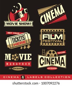 Cinema and movies set of labels, emblems, banners and design elements.  Vector cinema illustration creative stickers and signs collection.