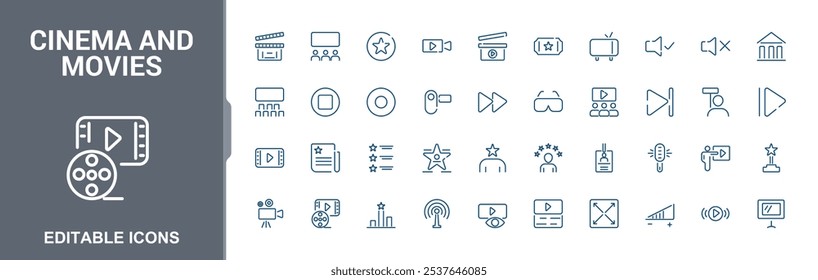 Cinema and movies vector line icon set. Includes thin line screen, filmmaker, video, entertainment, media, theater and more. Minimalist thin linear icon. Editable stroke.