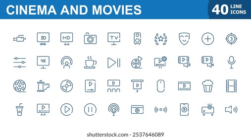 Cinema and movies vector line icon set. Includes thin line screen, filmmaker, video, entertainment, media, theater and more. Minimalist thin linear icon. Editable stroke.