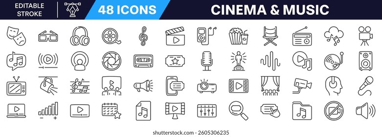 Cinema and music icon set. Linear style. Editable Stroke.