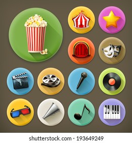 Cinema, music and theater, long shadow icon set