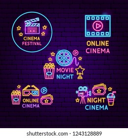 Cinema Neon Label Set. Vector Illustration of Film Promotion.