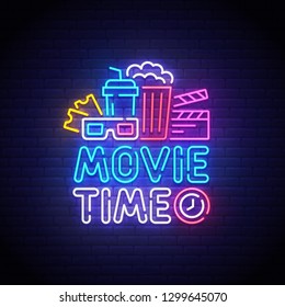 Cinema neon sign, bright signboard, light banner. Movie Time logo neon, emblem. Vector illustration