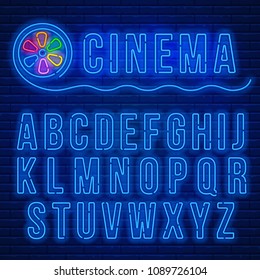 Cinema neon signboard and blue neon glowing latin alphabet against a brick wall background. Vector illustration.