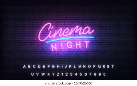 Cinema neon template. Glowing letteing Cinema night label