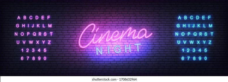 Cinema neon template. Glowing letteing Cinema night label