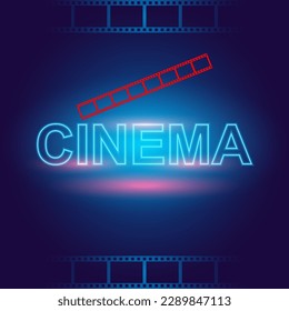 Tira de texto y película de neón cinematográfico, afiche de películas, fondo cinematográfico, ilustración vectorial.