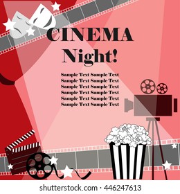 Cinema night background. Flat movie background with cinema attributes. Film strip, camera, reel, masks, popcorn, and stars.