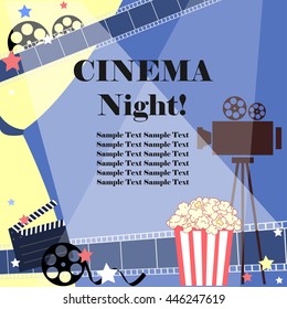 Cinema night background. Flat movie background with cinema attributes. Film strip, camera, reel, masks, popcorn, and stars.