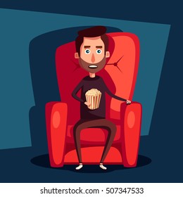 Cinema Night. Home movie watching. Cartoon vector illustration. Red sofa. Web, banner and logo design. Happy character. Man with popcorn