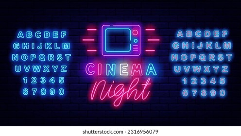 Cinema night neon label with tv icon. Movie time. Shiny turquoise, alphabet. Typography sign. Evening entertainment. Movie concept. Glowing flyer. Bright logo. Vector stock illustration