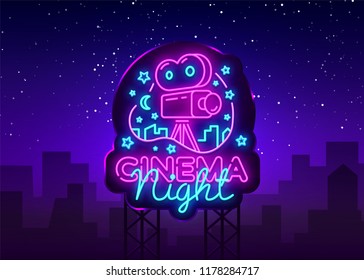 Cinema Night Neon Logo Vector. Movie Night neon sign, design template, modern trend design, night neon signboard, night light advertising, light banner, light art. Vector illustration. Billboard