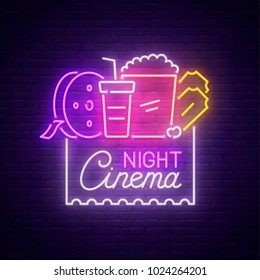 Cinema Night neon sign, bright signboard, light banner. Cinema logo, emblem and label. Vector illustration