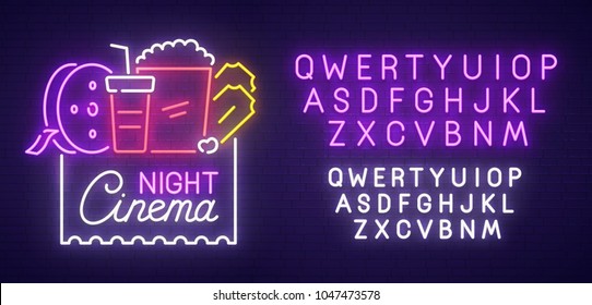 Cinema Night neon sign, bright signboard, light banner. Cinema logo, emblem and label. Neon sign creator. Neon text edit