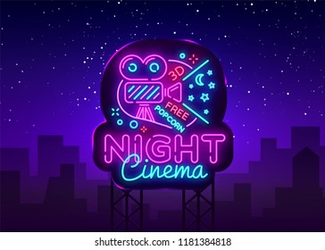 Cinema Night neon sign vector. Movie Night Design template neon sign, cinema light banner, neon signboard, nightly bright advertising, light inscription. Vector Illustration. Billboard