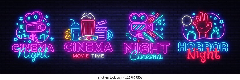 Cinema night set neon sing, label and logo. Cinema banner Design template, logo, emblem and label. Bright signboard, nightly bright advertising. Movie logo. Vector illustration