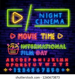 Cinema night set neon sing, label and logo. Cinema banner Design template, logo, emblem and label. Bright signboard, nightly bright advertising. Movie logo. Vector illustration