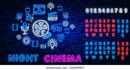 Cinema night set neon sing, label and logo. Cinema banner Design template, logo, emblem and label. Bright signboard, nightly bright advertising. Movie logo. Vector illustration