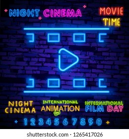 Cinema night set neon sing, label and logo. Cinema banner Design template, logo, emblem and label. Bright signboard, nightly bright advertising. Movie logo. Vector illustration