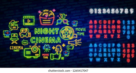 Cinema night set neon sing, label and logo. Cinema banner Design template, logo, emblem and label. Bright signboard, nightly bright advertising. Movie logo. Vector illustration