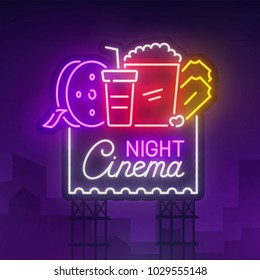 Cinema Night sign neon. Realistic neon sign. Cinema banner, logo, emblem and label. Bright signboard, light banner.  Vector illustration.