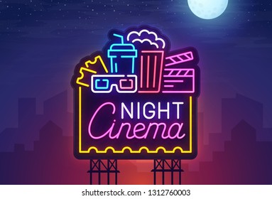 Cinema Night sign neon. Realistic neon sign. Cinema banner, logo, emblem and label. Bright signboard, light banner.  Vector illustration.